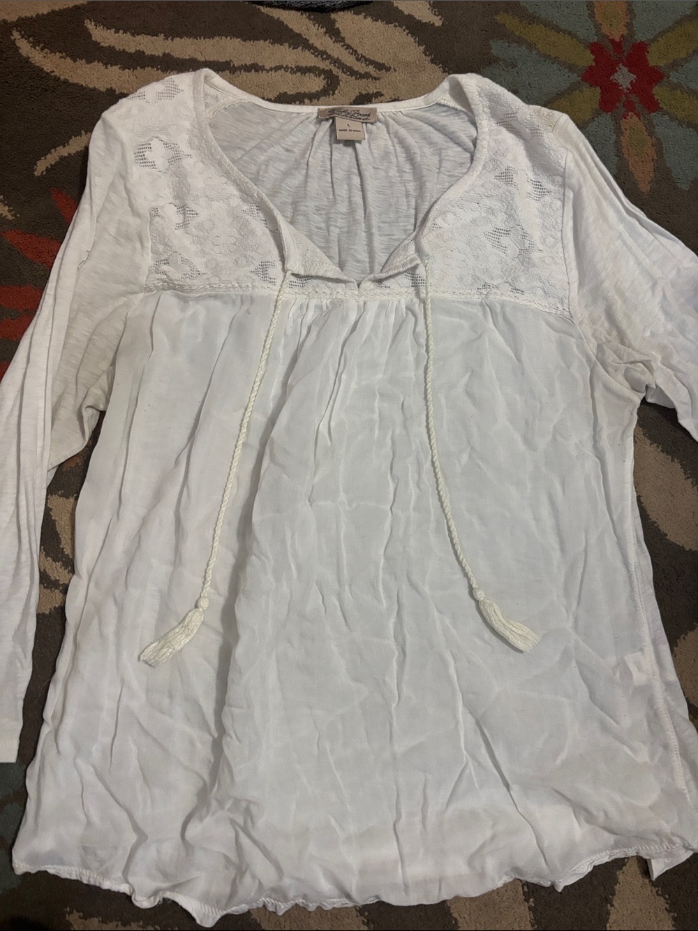 Lucky Brand White Boho Lace-Trim Scoop Neck Top